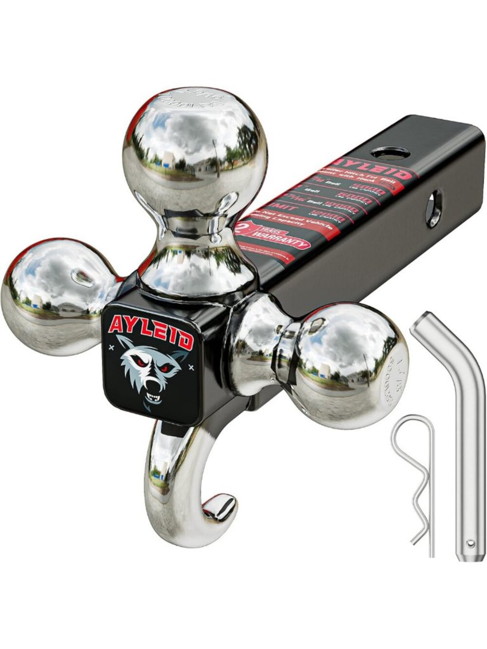 Tri-Ball Trailer Hitch Mount with Hook & Pin - 1-7/8", 2", 2-5/16" Sizes, Silver